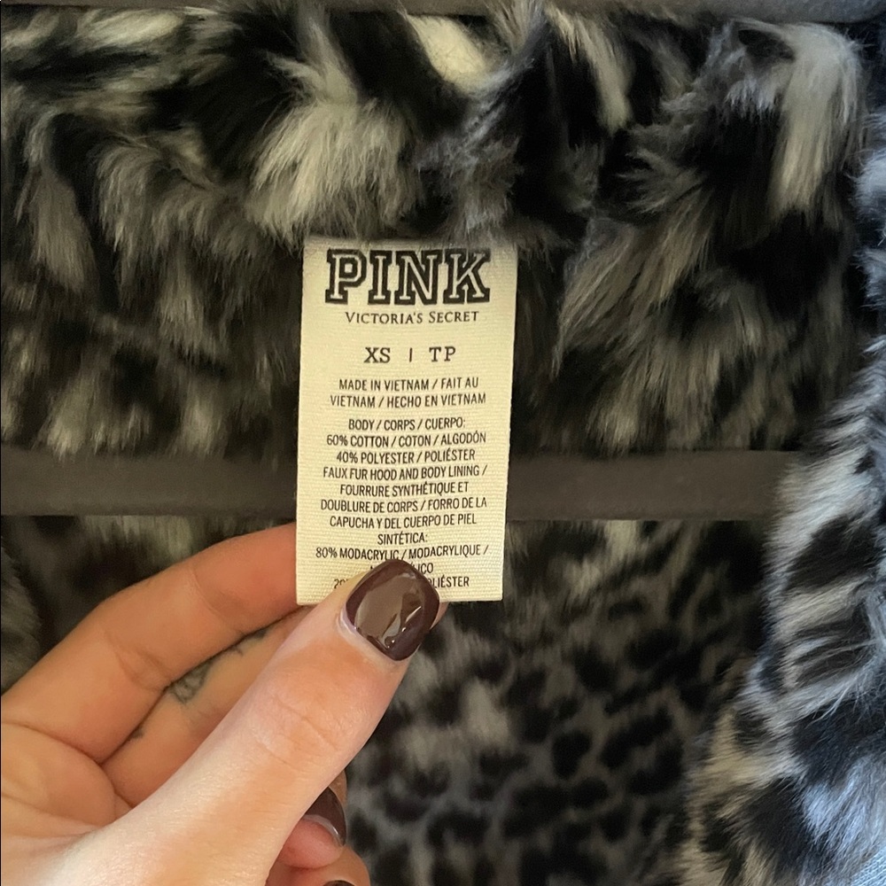 Gray Victoria Secret PINK bling sequin Zip Up Jacket w/ Leopard Print Fur Lining - Picture 4 of 7